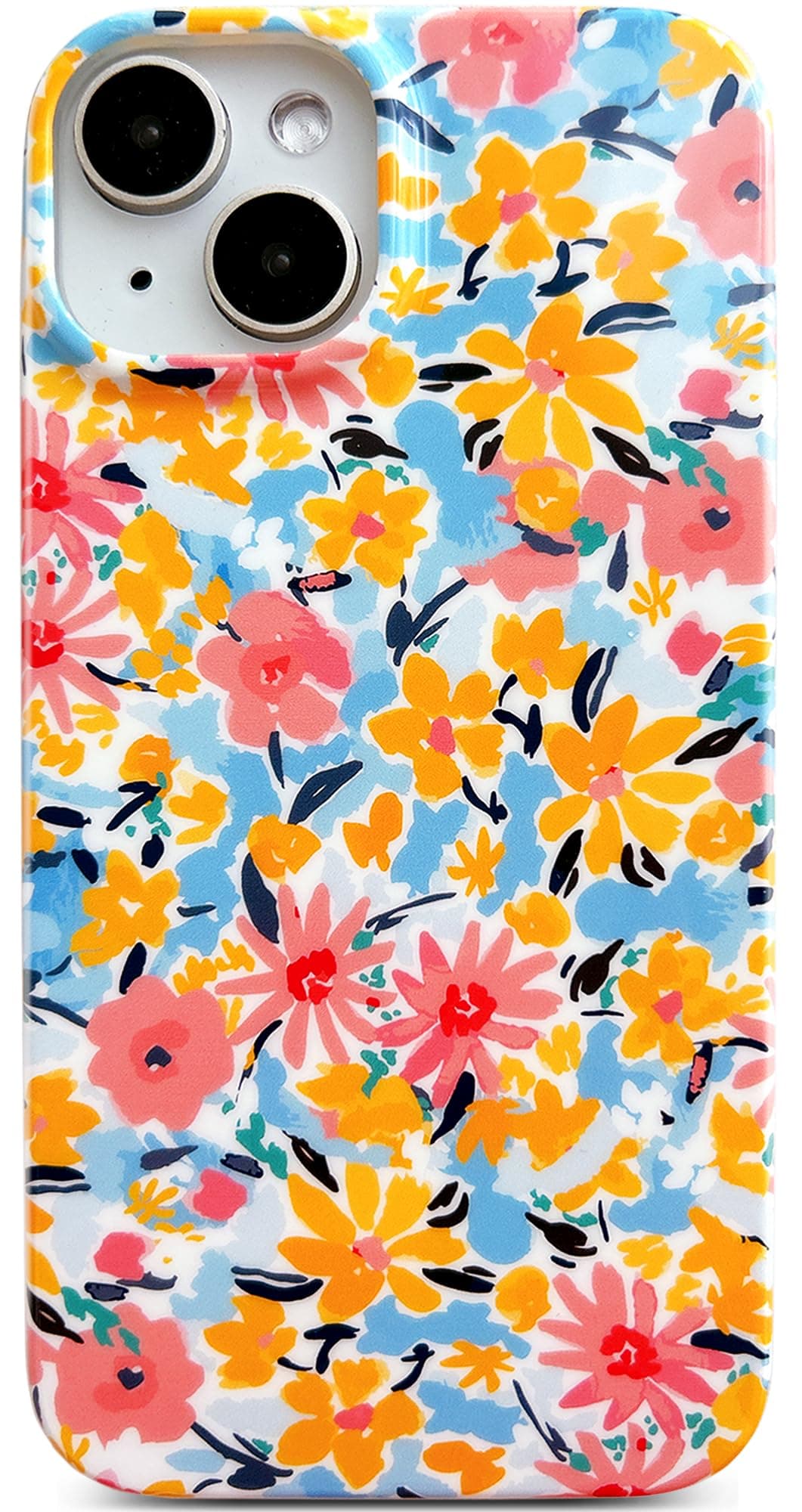 Qokey for iPhone 13/14 Case 6.1 inch,Cute Garden Flowers Shiny Design for Women,Soft Shockproof Bumper Lightweight Slim Fit Non-Yellowing Phone Cover,Reddish Yellow Floral