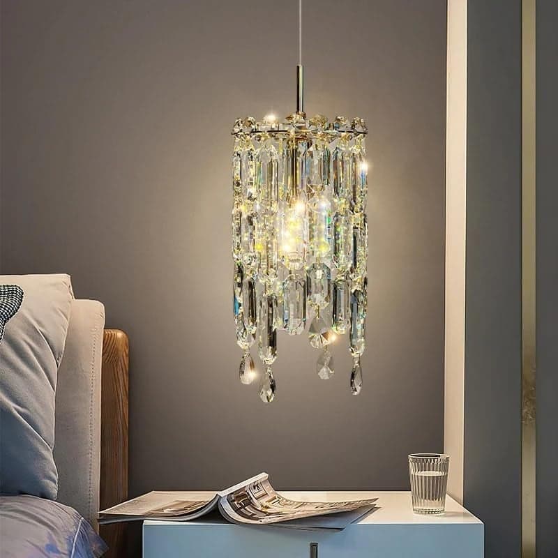 Decor chronicle Modern Crystal Pendant Light - Cylindrical Design with Cascading Icicles, Adjustable Height, 3-Color LED, Metal & Crystal Hanging Light for Living Room, Bedroom, Dining Room