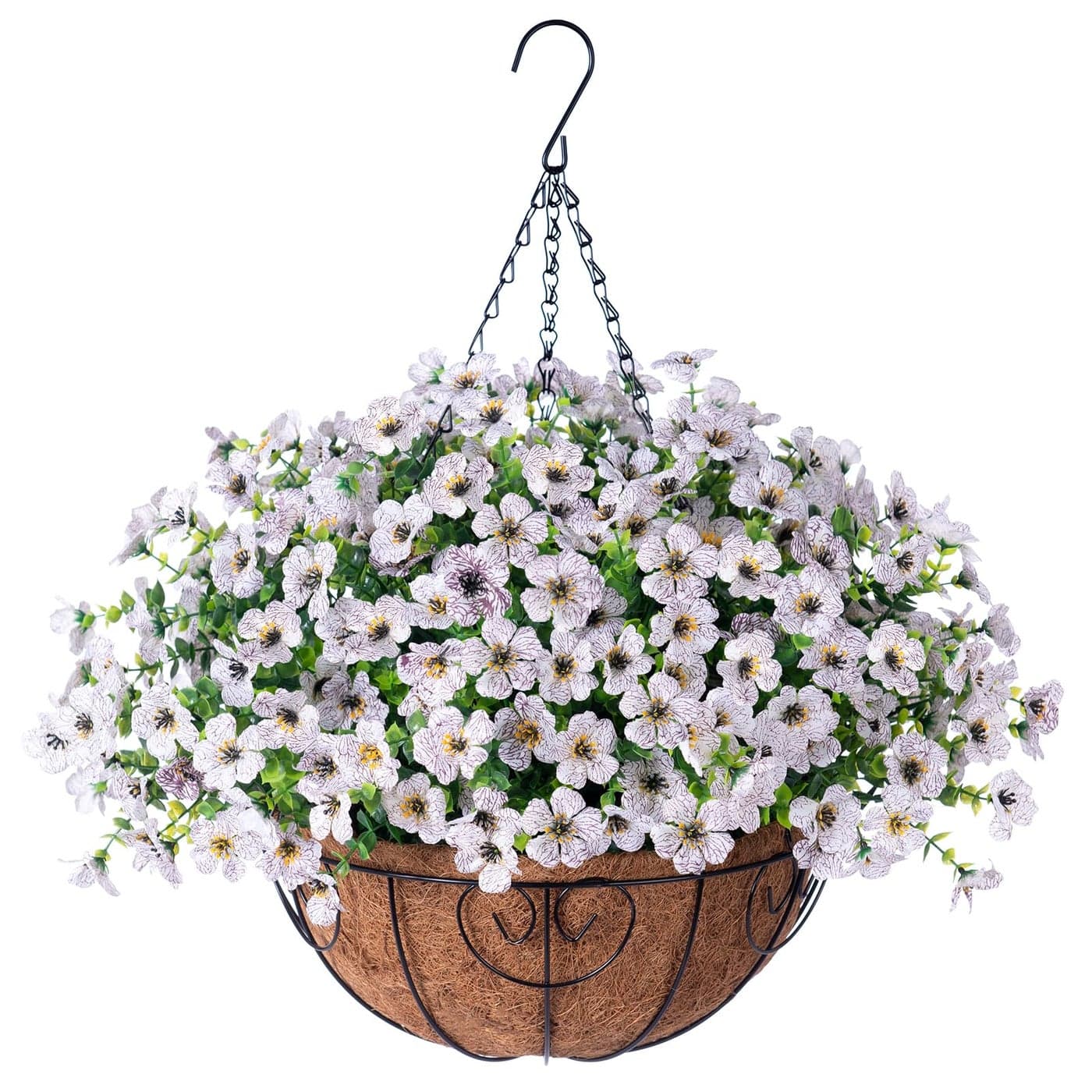 HyeFlora Artificial Fake Hanging White Plants Flowers Basket for Outdoor Fall Winter Faux Silk Daisy in Planter Realistic UV Resistant for Christmas Outside Porch Home Patio Balcony Yard Decoration