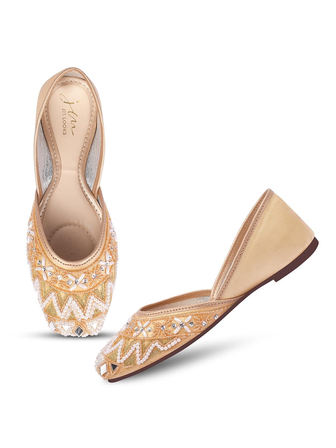 JM LOOKS Stylish Embroidered Jutti for Women/Girls | Embellished Stone Work Jutti | Wedding Bellies | Women Ethnic Shoe Traditional Mojari | Kolhapuri/Jaipuri/Punjabi Jutties | (Golden, 40)
