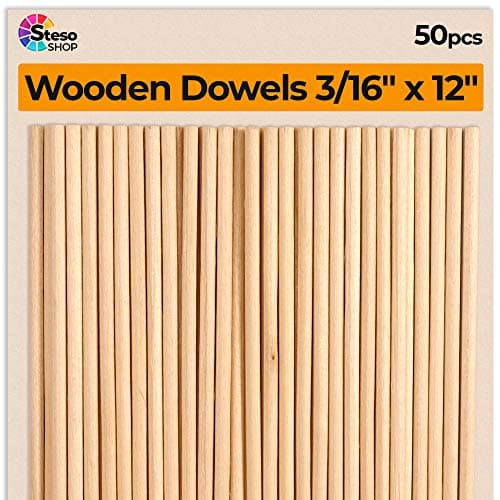Wooden Dowel Rods for Craft 3/16 x 12 inch - 50 pcs Sturdy Dowels Wood - Craft Supplies Sticks for Centerpieces - Model Building Wedding Ribbon Wands 3/16