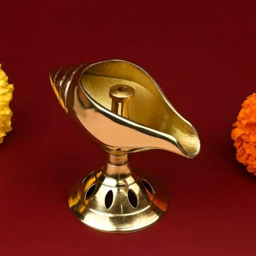 CraftVatika Pure Brass Akhand Diya, Shankh Shape Brass Diya Deepak, Villakku for Diwali Lakshami Poojan, Daily Worship Diwali Gifts for Family and Friends