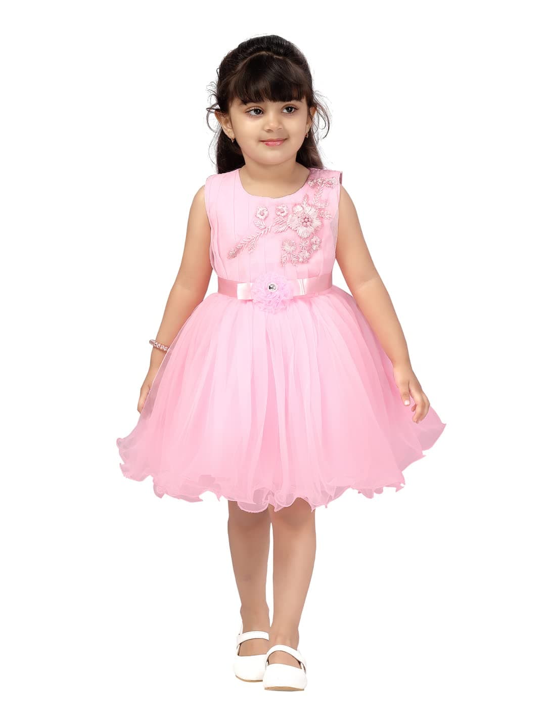 Aarika Girls Fit And Flare Regular fit net Frock(FK-24314-Pink-24)