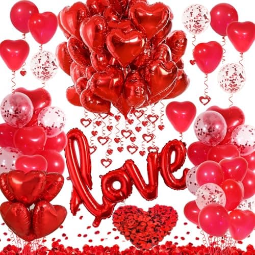Red Valentines Day Decorations with Red Heart Balloons and Love Balloon Fake Rose Petals for Wedding Decor Anniversary Decorations Romantic with red Latex Balloons and Heart Hanging Decor