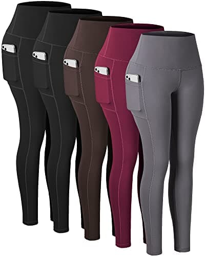 CHRLEISURE Leggings with Pockets for Women, High Waisted Tummy Control Workout Yoga Pants(5 Packs 2Black,Gray,Brown, Burgundy, 2XL)