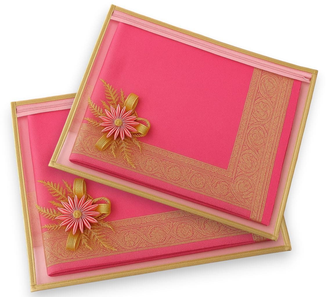 RAAHII 5 Piece Wedding Gifting Transparent single saree cover with zip, suit packing plastic covers for sadi, duppata, clothes bags, lehenga, kurti for marriage Gift wardrobe storage organizer (Pink)