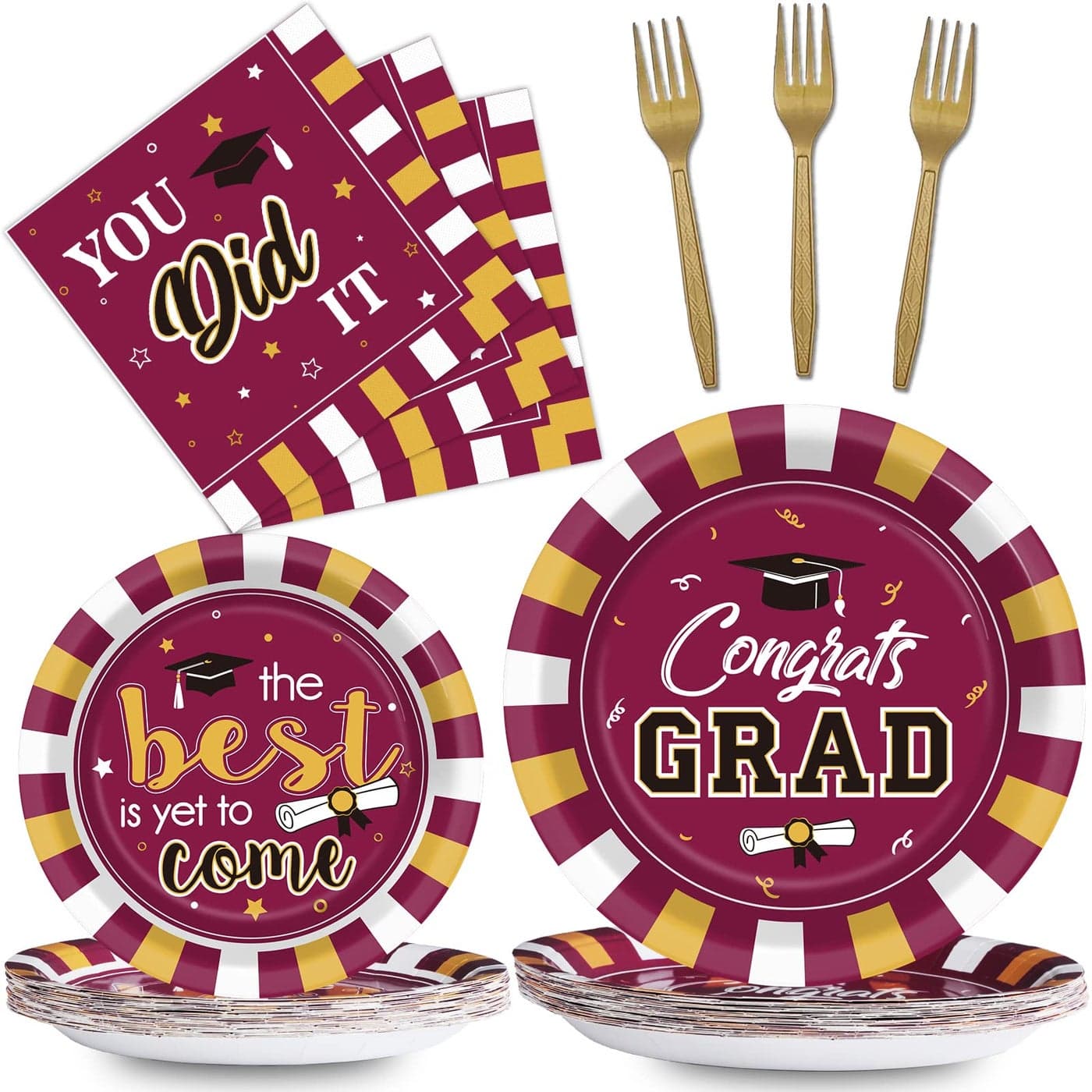 Wiooffen 24 Guests Graduation Party Plates Napkins Supplies Set Congrats Grad Class of 2025 Disposable Dinnerware Tableware Grad Party Decoration FavorsMaroon and Gold