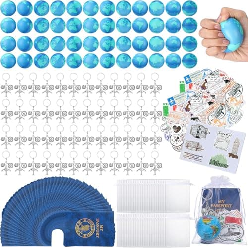 Maitys 440 Pcs Travel Party Earth Stress Balls Airplane Keychain Passport Book with Assorted Travel Stickers for Scrapbooks Organza Bags for Adults Adventure Theme Party Supplies