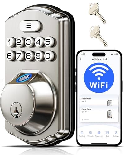 Veise VE012W Built-in WiFi Fingerprint Smart Lock, App Remote Control, No Hub Needed, Keyless Entry, Front Door Smart Deadbolt, Digital Keypad, Auto Lock, IP55 Waterproof, BHMA Grade 3, Satin Nickel