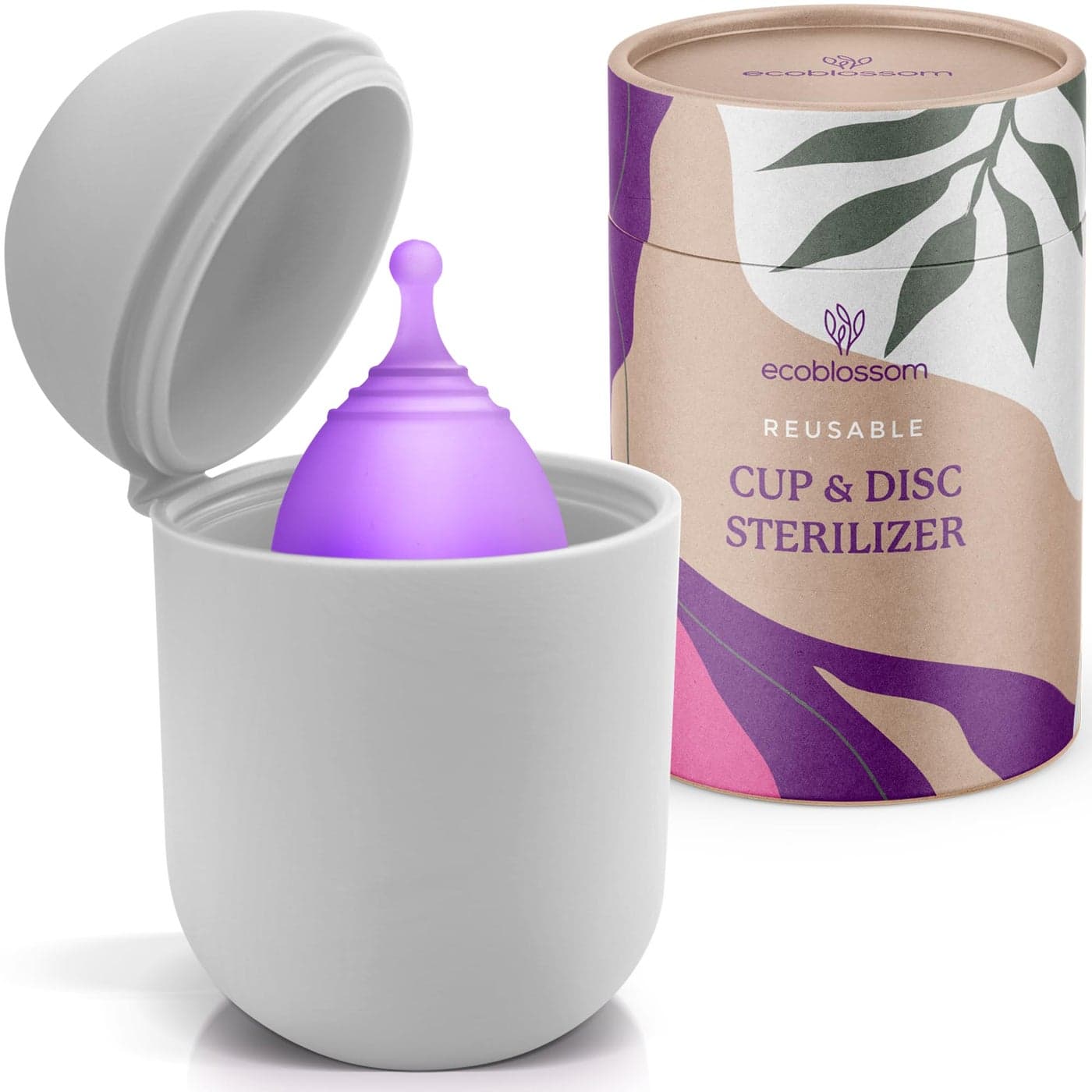 EcoBlossom Menstrual Cup Case and Sterilizer Reusable Silicone Sterilizing Holder Cleaner Period for You and Your Disc or Cup Portable Cleaning Container Microwave Steamer White