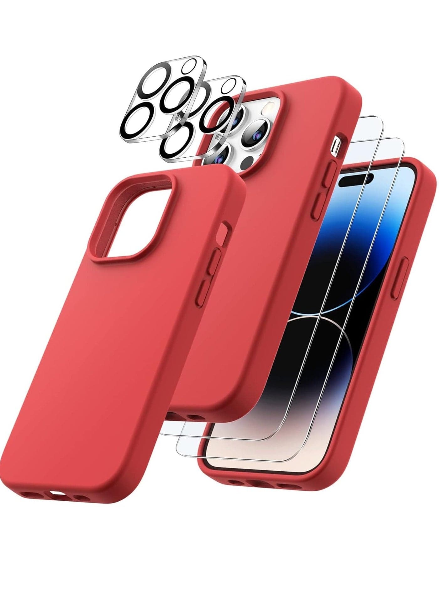 iPhone 14 Pro Max 5-in-1 Case – Red Liquid Silicone with 2 Screen Protectors, 2 Camera Lens Protectors, Full Body Shockproof Drop Protection, 6.7 Inch