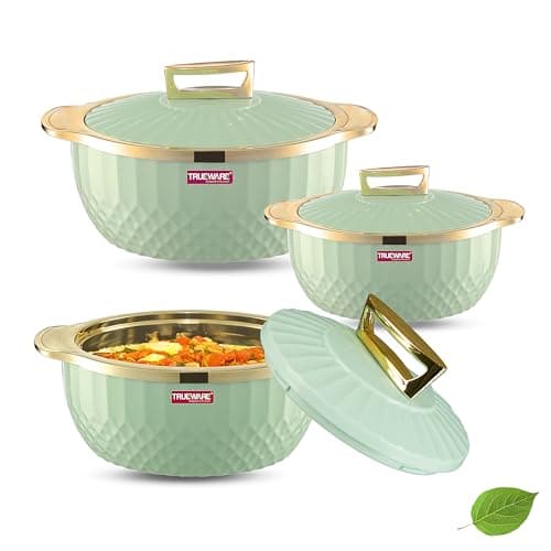 Trueware Krystal Inner Steel Casserole Set of 3, 750 ml,1000 ml & 1500 ml | PU Insulated | BPA Free | Odour Proof |Ideal for Chapatti | Roti | Curd Maker | Thermoware | Hot Pot (Extra large, Green)
