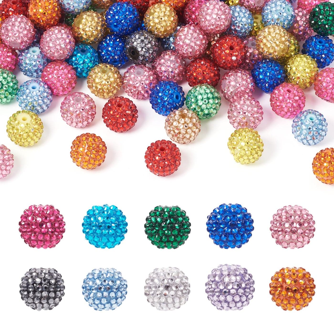 Cheriswelry 100pcs 20mm Pave Disco Ball Beads Resin Rhinestone Round Chunky Loose Spacer Beads Charms Mixed Color for Jewelry Making European Style Bracelets