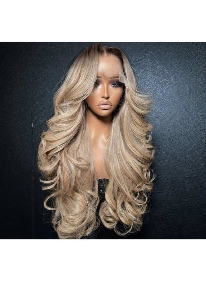 Ombre Light Ash Blonde Lace Front Wig Human Hair 210% Density Milk Tea Blonde Hair with Natural Growth Brown Roots 13x4 HD Body Wave Wig Pre Plucked Multi-Color Wigs for Any Occasion 26 Inch