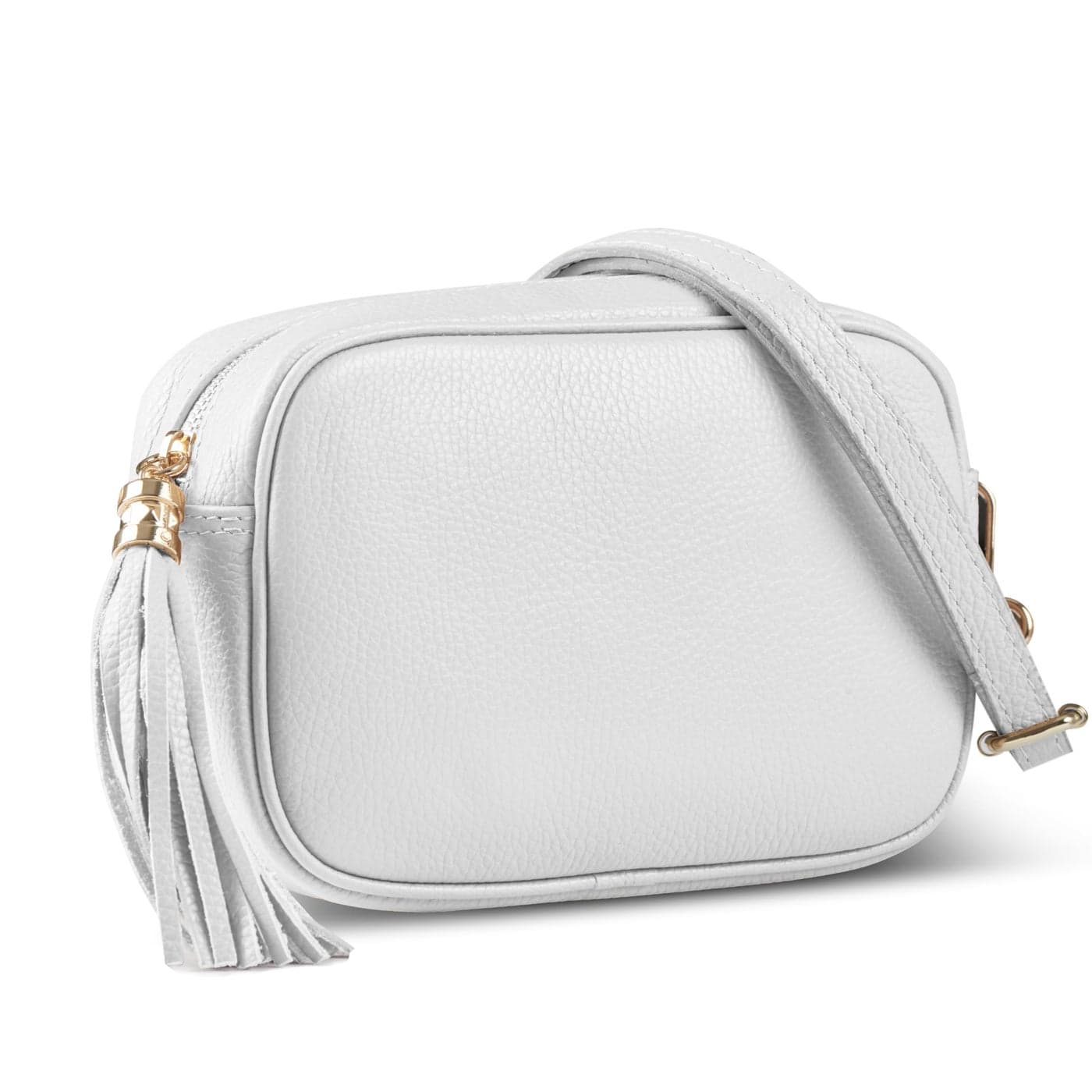 Italian Genuine Leather Crossbody Bag for Women with Zipper Strap Tassel Small Camera Purse Shoulder Handbag Pocketbook White