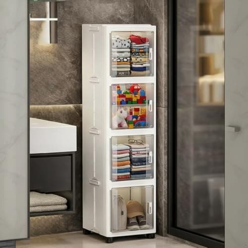 Owme 4 Layer Plastic Storage Cabinet with Transparent Doors | Multipurpose Wardrobe Organizer for Clothes, Toys, Shoes & Accessories | Space Saving Storage Unit - OFF WHITE