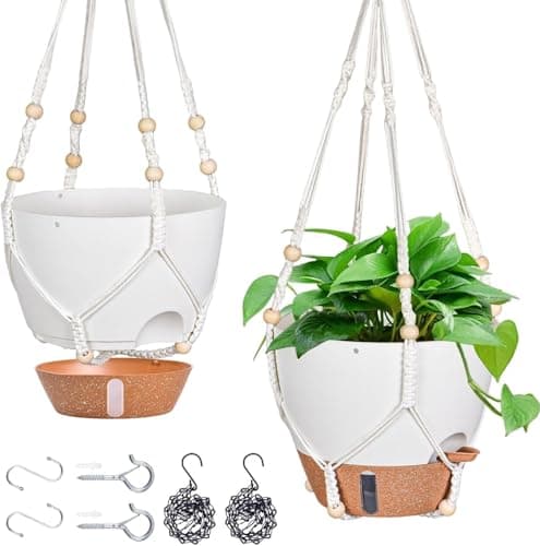 Fielda 10 Inch Self Watering Hanging Planters 2 Pack Plastic Flower Pots with Visible Water Window Drainage Holes Metal Chain Macrame Hangers for Indoor Outdoor Plants White