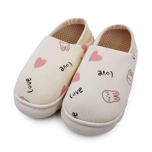 VRITRAZ Cute Heart & Bunny Print Shoes for Women | Comfortable Anti-Slip House Shoes for Bedroom & Living Room | Winter Cozy Footwear (Cream, Size 7)
