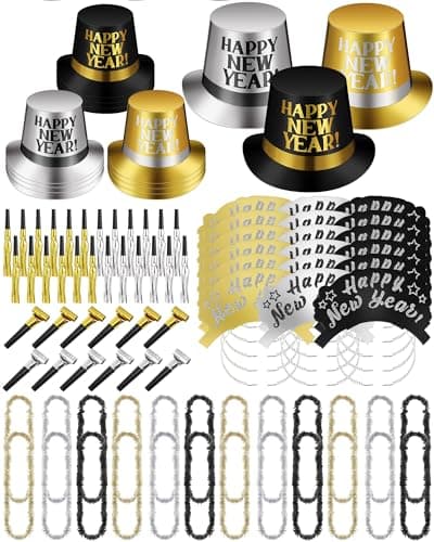 Arrowbash 72 Pcs New Years Party Supplies 2026 Eve Party Decorations Midnight Supplies Set of 24 Includes Hats Headbands Squawkers Blowouts Gifts for New Year Eve Accessories