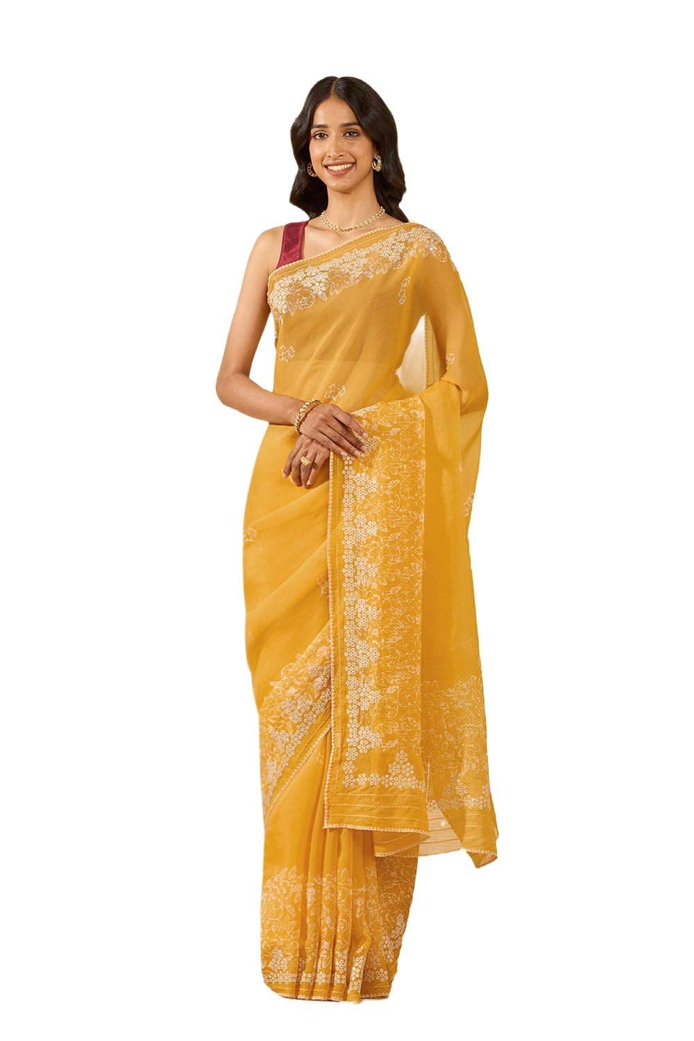Taneira Women Yellow Tencel Embroidered Saree with Unstitched Blouse Piece (SPH08B00035R-Yellow)