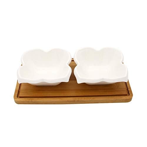 EZ Life Ceramic, Wood Solid Bowl - 2 Piece, White,Fruits, Dry Fruits Serving Platter with Wooden Stand and Tray for Home,Restaurants, Sauce Dip Serving Dish, Salsa Guacamole Chip Dip