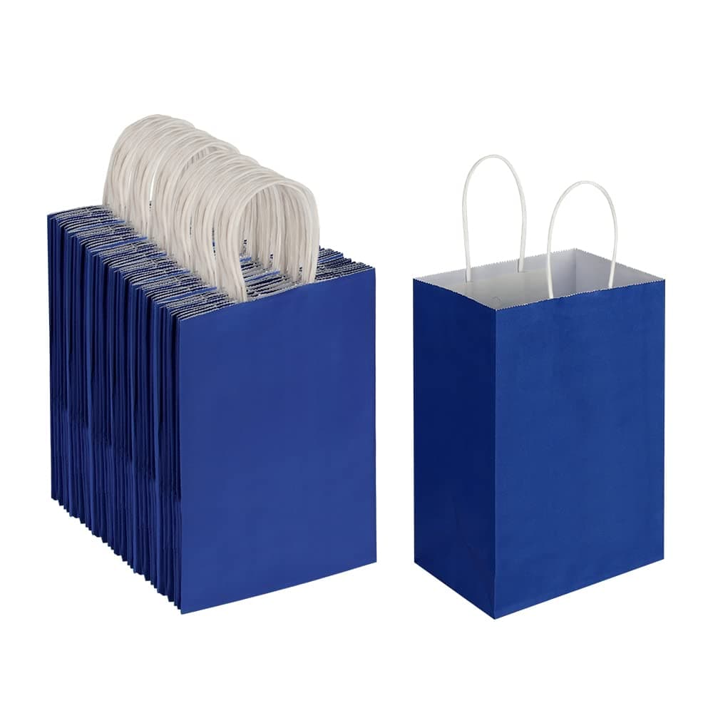 Oikss 100 Pack 525x325x825 Inch Small Royal Blue Kraft Paper Bags with Handles Bulk for Birthday Wedding Party Favors Grocery Retail Shopping Business Goody Craft Gift Bags Sacks 100pcs Count