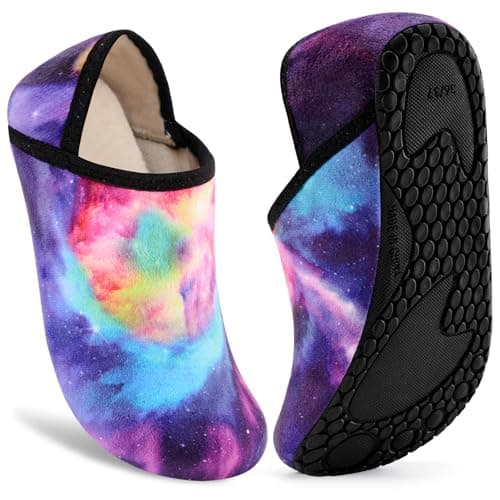 VIFUUR House Slippers for Women Men Slip on Indoor Barefoot Slipper Socks Fuzzy Cozy Sock Shoes for Home Bedroom Travel Colorful Aurora4041