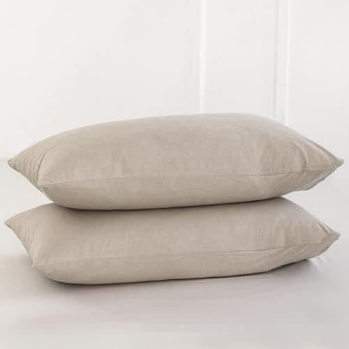 MooMee Bedding Pillowcases Pack of 2 100 Washed Cotton Linen Like Textured Breathable Durable Soft Comfy Heathered Tannish Linen Grey King