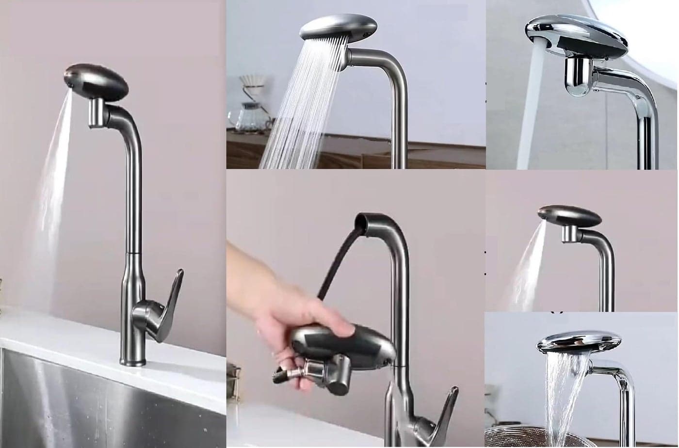 X-XONIER Waterfall 5 In 1 pull down Faucet 360° Rotating Single Handel Hot and Cold Mixer Long Neck for Sink Bathroom and Kitchen Black (BLACK)