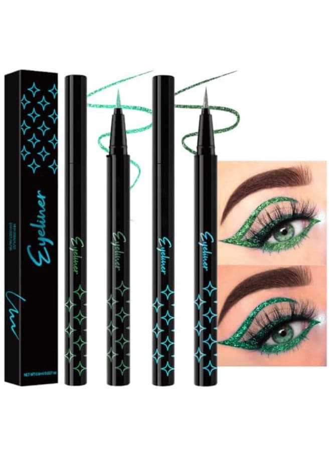 evpct 2Pcs Emerald Dark Green Glitter Shimmer Liquid Eyeliner Eye Shadow Makeup Pencil Green Face Body Glitter Fake Eyelashes Lashes Mascara Accessories Sparkle Metallic Colored Eyeliner Waterproof