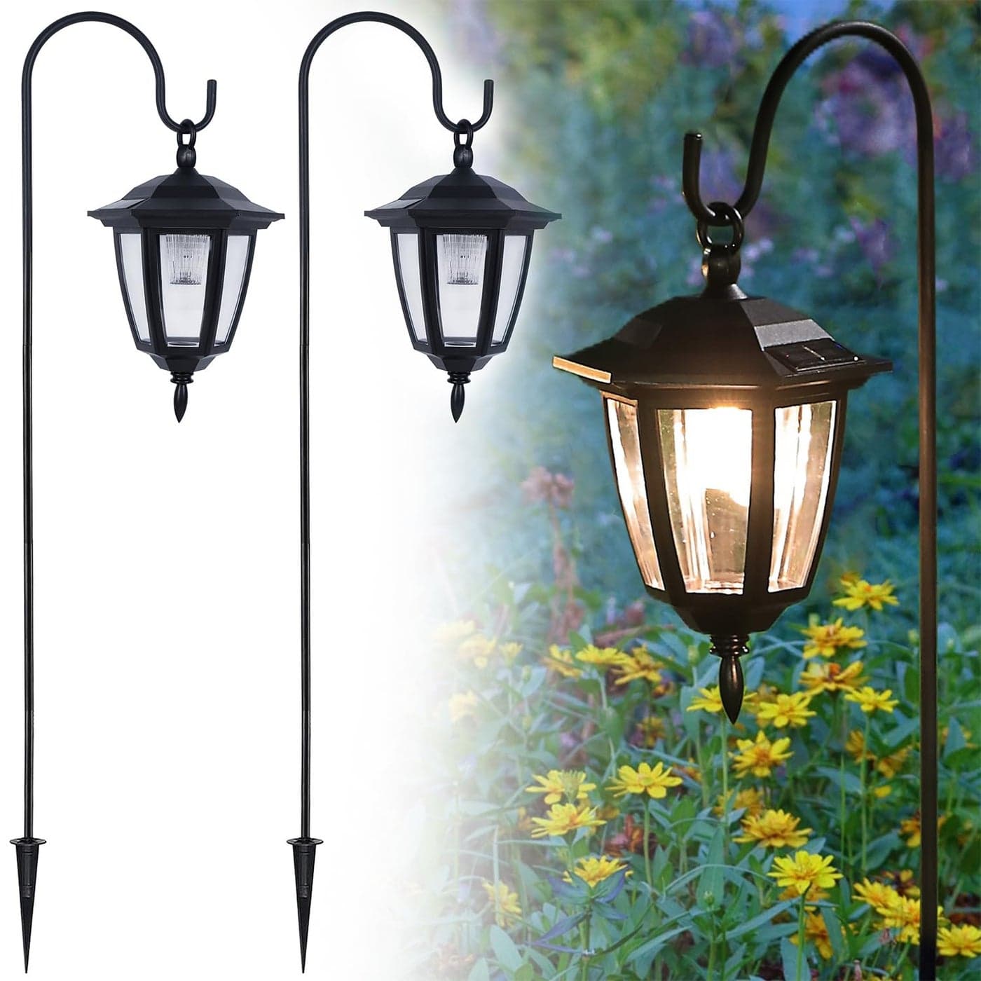 Dynaming 2 Pack Solar Hanging Lights Outdoor, Solar Powered Garden Decorative Lanterns with 2 x 38 Inch Shepherd Hooks, Waterproof Landscape Lighting for Lawn Patio Yard Pathway Driveway, Warm White