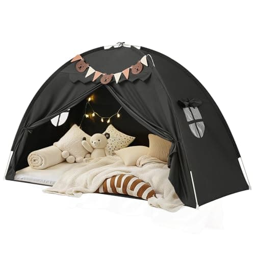 Twin Bed Tent for Kids Blackout Bed Tent Canopy Sleeping Tent Privacy Space Dream Playhouse with Stars Light Flags Toddler Indoor Floor Play Tent for Boys Girls Birthday Childrens Gift Black
