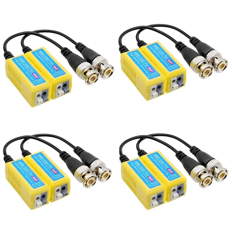 COOLCOLD Video Balun | 8MP (Pack of 4), 4K Passive HD BNC Video Balun Transceiver Transmitter Via Rj45 Cable AHD/TVI/CVI/CVBS for Full HD CCTV DVR Security Surveillance Camera System (Yellow, 4 Pair)