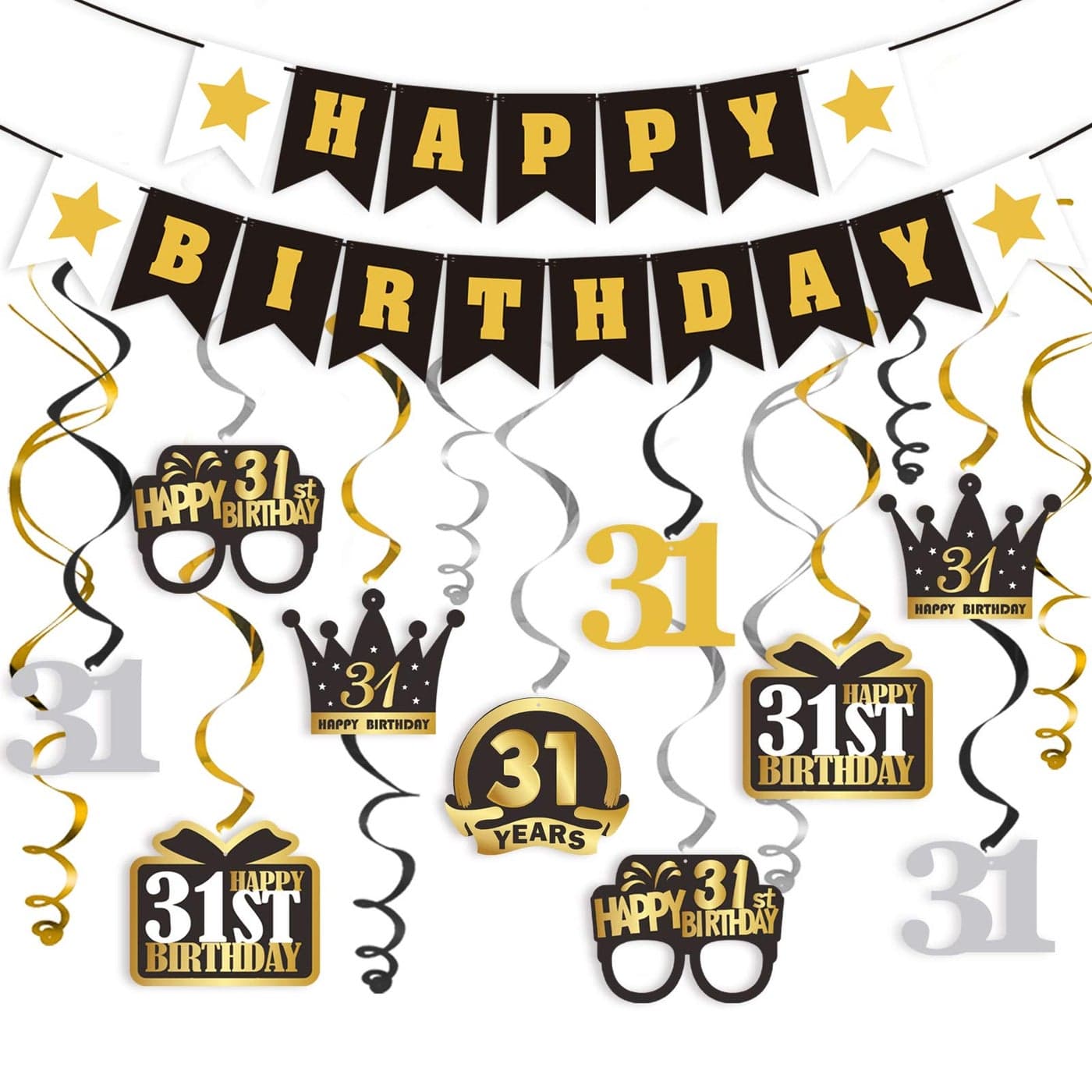 LINGTEER Happy 31st Birthday Decorations Set 12Pcs Black Gold Swirls StreamerHappy Birthday Bunting BannerCheers to 31 Years Old Bday Party Decorations Gift Sign