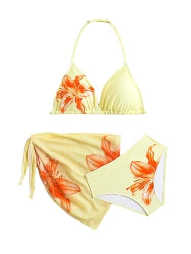 RoseSeek Girl's 3 Piece Swimsuits Floral High Waisted Bikini Bathing Suit with Mesh Coverups Skirt Yellow 14 Years