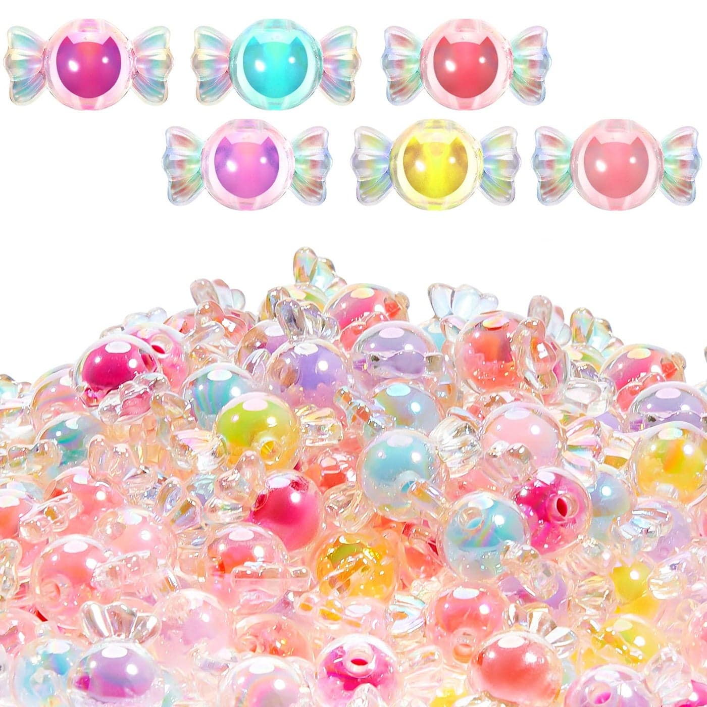 Kigeli 100 Pieces Kawaii Acrylic Candy Bow Bead Mixed Colors Charm Shiny Candy Beads for Jewelry Making Hairband Bracelets Necklace DIY Embellishment