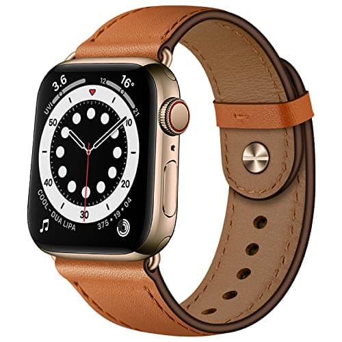 OUHENG Leather Bands Compatible with Apple Watch Band 42mm41mm40mm38mm Genuine Leather Replacement Strap for iWatch SE3 SE2 SE Series 11 10 9 8 7 6 5 4 3 2 1 BrownBronze Gold