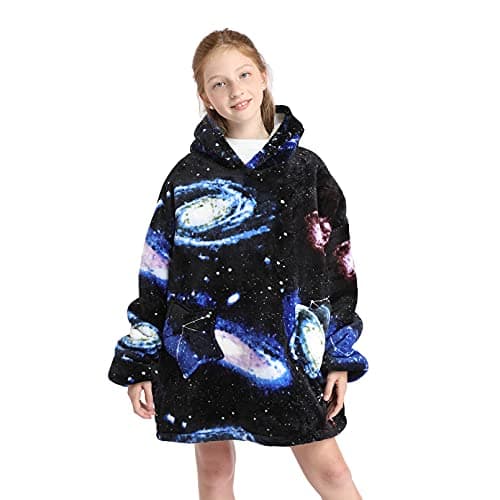 Deserthome Wearable Blanket Hoodie for Kids 6-12YR Oversized Animal Hooded Blanket Super Soft Comfortable Warm Flannel Black Universe
