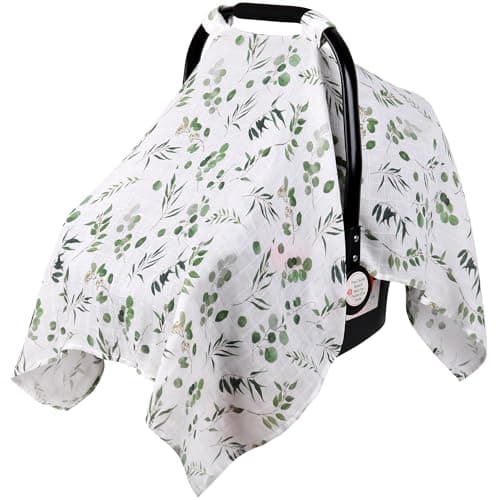 Rquite Car Seat Cover for Girl Boy, Muslin Cotton Infant Car Seat Canopy, Breathable Baby Carrier Cover, Summer Stroller Sun Shade, Leaf