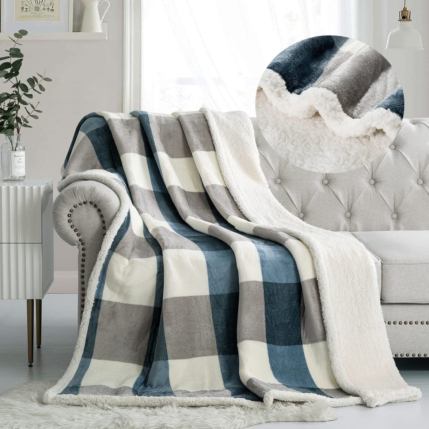 PU MEI Sherpa Fleece Throw Blanket 60 x 80 Reversible Plush Fluffy Large Big Blanket Lattice Flannel Blankets for Sofa Couch Bed GreySoft Blue 6080