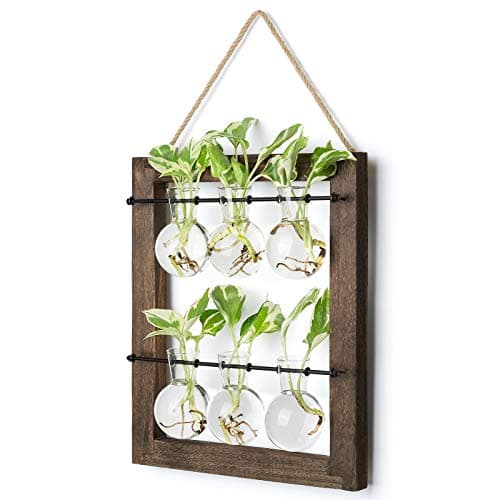 Mkono Propagation Station Wall Hanging Glass Planter, Flower Bulb Vase Plant Terrarium with Retro Wooden Stand Double Layer for Hydroponics Plants Home Garden Office Decor