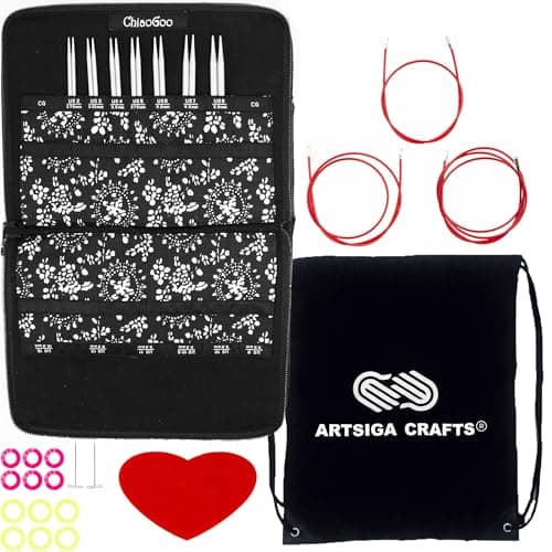 ChiaoGoo Twist Red Lace 4Inch Small 7400S Interchangeable Circular Knitting Needle Set Sizes US 2 3 4 5 6 7 8 Stainless Steel with 4 Cords with Project Bag