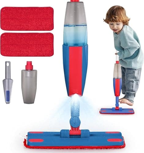 Kids Spray Mop Real with Sprayer 2PCS Mop Pads Toddler Cleaning Tool Real Works for Realistic Housekeeping Cleaner Pretend Play Toys Montessori Mini Mop Sweeper for Kids Aged 3