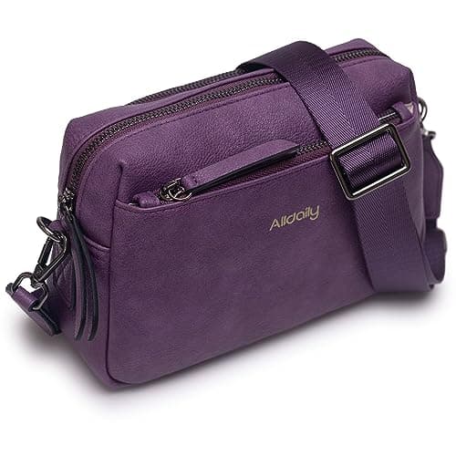 Alldaily Small Triple Zip Crossbody Purse for Women, Vegan Leather Phone Bag with Wide Shoulder Strap (Purple)
