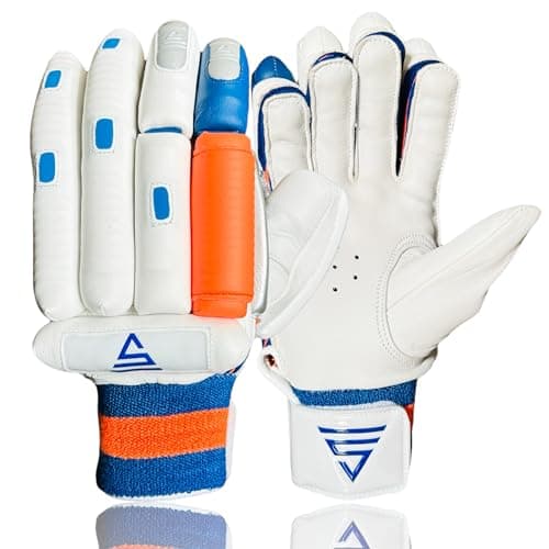 VERSANT Goat Cricket Batting Gloves (White-Orange-Blue, Men Size, Left Handed), Leather, Medium EN SIZE