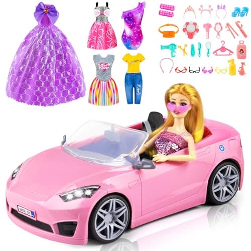 76 Pcs Doll Convertible Car PlaysetIncluded 115 in DollCarPrincess DressesFashion DressesCasual ClothingSwimsuitsBagsShoesDoll PlaysetDoll Dress up Toys for Girls Kids Toddlers Gifts