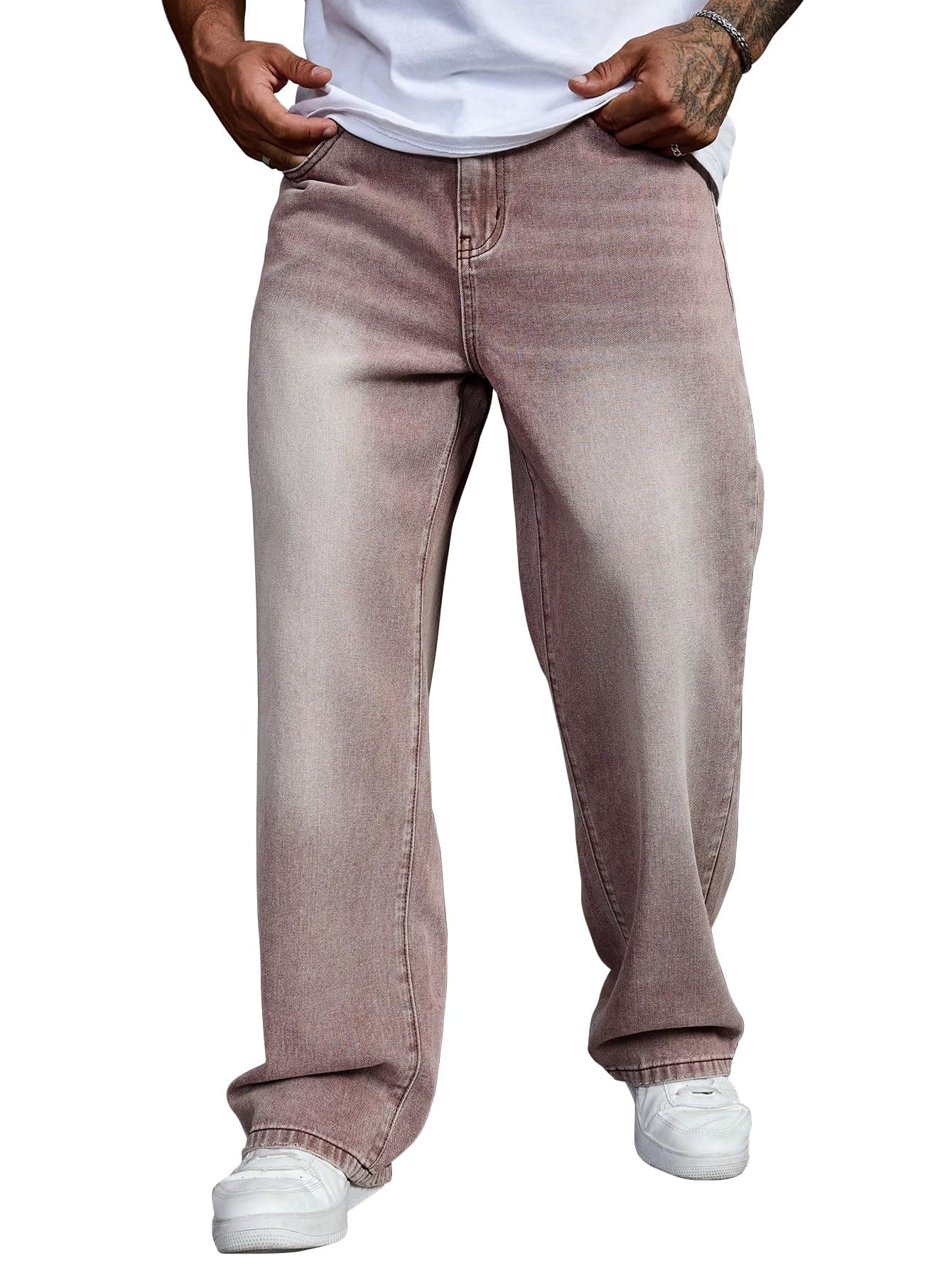 AVANOVA Men's Light Brown Baggy Fit Jeans– Solid Washed Denim Straight Wide-Leg | Streetwear Casual Dailywear Pants for Men | Trendy Loose-Fit Mid-Waist Denim Trousers (Jeans 247 Light Brown-36)