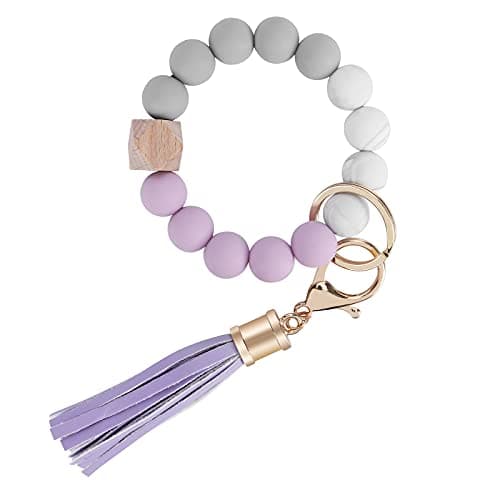 Weixiltc Keychain Wristlet for Women, Silicone Bead Bracelet with Leather Tassel, Cute Car Key Ring for Girls, Charm Key Chain Holder for Women (Purple)
