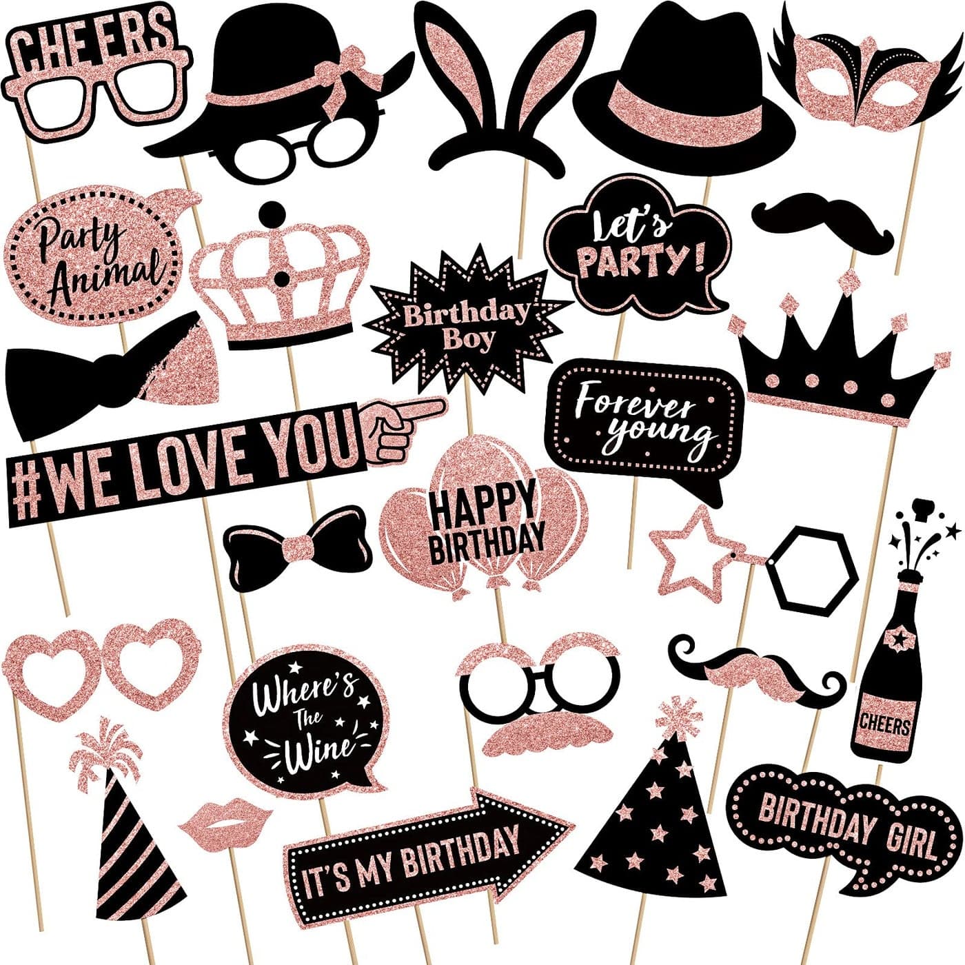 Tenare 36 Pcs Gold Birthday Photo Booth Props Large Gold Birthday Party Photobooth Props with Glitter for Woman Parties SuppliesBlack Rose Gold