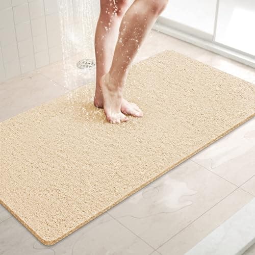 LuxStep Shower Mat Bathtub Mat36x16 inch NonSlip Bath Mat with Drain Quick Drying PVC Loofah Bathmat for TubShowerBathroom Phthalate FreeKhaki